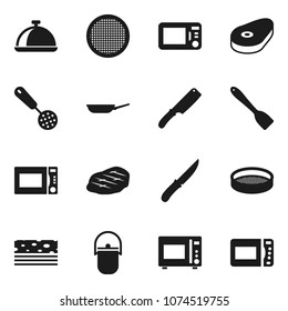 Flat vector icon set - camping cauldron vector, pan, skimmer, spatula, knife, microwave oven, sieve, dish, steak, breads