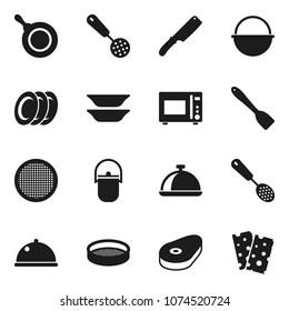 Flat vector icon set - camping cauldron vector, pan, skimmer, spatula, knife, microwave oven, plates, sieve, dish, steak, breads