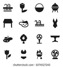 Flat vector icon set - camping cauldron vector, bbq, swimsuite, pool, tulip, pond, fruit tree, table, fan