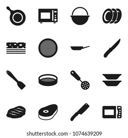 Flat vector icon set - camping cauldron vector, pan, skimmer, spatula, knife, microwave oven, plates, sieve, steak, breads