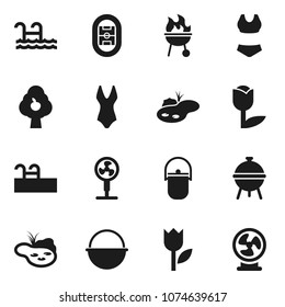 Flat vector icon set - camping cauldron vector, bbq, swimsuite, stadium, tulip, pond, pool, fruit tree, fan