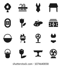 Flat vector icon set - camping cauldron vector, bbq, stadium, swimsuite, pool, tulip, pond, fruit tree, table, fan