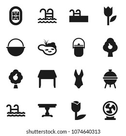Flat vector icon set - camping cauldron vector, bbq, swimsuite, pool, stadium, tulip, pond, fruit tree, table, fan