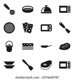 Flat vector icon set - camping cauldron vector, pan, skimmer, spatula, microwave oven, plates, sieve, dish, steak, breads