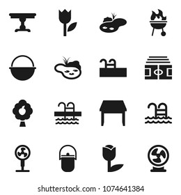 Flat vector icon set - camping cauldron vector, bbq, stadium, pool, tulip, pond, fruit tree, table, fan