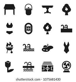 Flat vector icon set - camping cauldron vector, bbq, stadium, swimsuite, pool, tulip, pond, fruit tree, table, fan