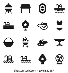 Flat vector icon set - camping cauldron vector, bbq, swimsuite, pool, stadium, pond, fruit tree, table, fan