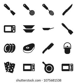 Flat vector icon set - camping cauldron vector, pan, skimmer, spatula, knife, microwave oven, plates, steak, breads