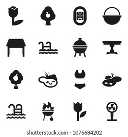 Flat vector icon set - camping cauldron vector, bbq, swimsuite, pool, stadium, tulip, pond, fruit tree, table, fan
