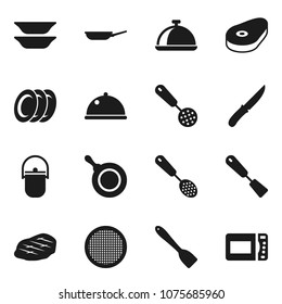 Flat vector icon set - camping cauldron vector, pan, skimmer, spatula, knife, plates, sieve, dish, steak, microwave oven