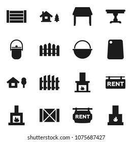 Flat vector icon set - camping cauldron vector, cutting board, wood box, chalet, fence, rent signboard, table, fireplace