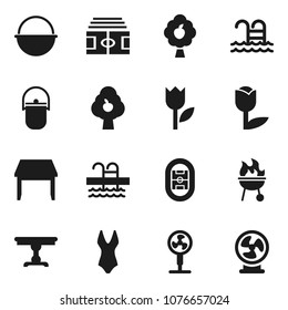 Flat vector icon set - camping cauldron vector, bbq, stadium, swimsuite, pool, tulip, fruit tree, table, fan