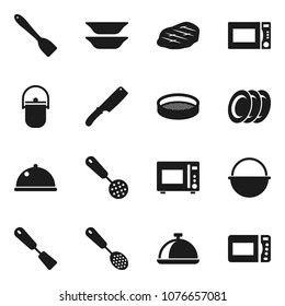 Flat vector icon set - camping cauldron vector, skimmer, spatula, knife, microwave oven, plates, sieve, dish, steak