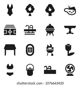 Flat vector icon set - camping cauldron vector, bbq, stadium, swimsuite, pool, tulip, pond, fruit tree, table, fan