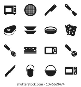 Flat vector icon set - camping cauldron vector, skimmer, spatula, knife, microwave oven, plates, sieve, steak, breads
