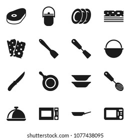 Flat vector icon set - camping cauldron vector, pan, skimmer, spatula, knife, microwave oven, plates, dish, steak, breads