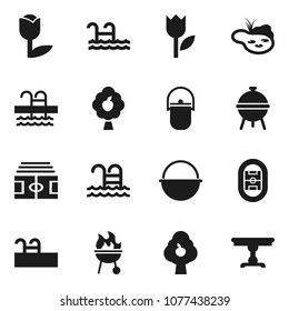 Flat vector icon set - camping cauldron vector, bbq, stadium, pool, tulip, pond, fruit tree, table