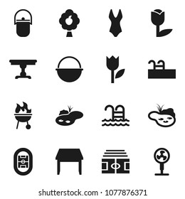 Flat vector icon set - camping cauldron vector, bbq, stadium, swimsuite, pool, tulip, pond, fruit tree, table, fan