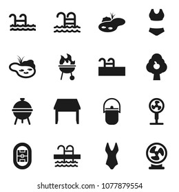 Flat vector icon set - camping cauldron vector, bbq, swimsuite, pool, stadium, pond, fruit tree, table, fan