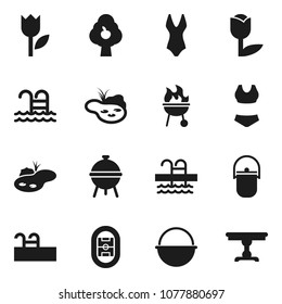 Flat vector icon set - camping cauldron vector, bbq, swimsuite, pool, stadium, tulip, pond, fruit tree, table