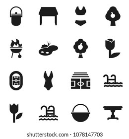 Flat vector icon set - camping cauldron vector, bbq, stadium, swimsuite, pool, tulip, pond, fruit tree, table