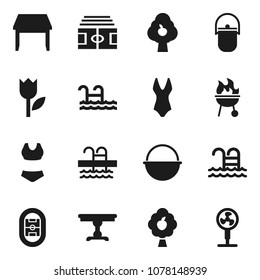 Flat vector icon set - camping cauldron vector, bbq, stadium, swimsuite, pool, tulip, fruit tree, table, fan