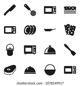 Flat vector icon set - camping cauldron vector, pan, skimmer, spatula, knife, microwave oven, plates, dish, steak, breads