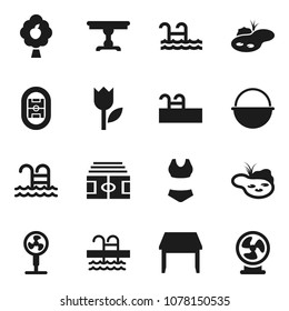 Flat vector icon set - camping cauldron vector, stadium, swimsuite, pool, tulip, pond, fruit tree, table, fan