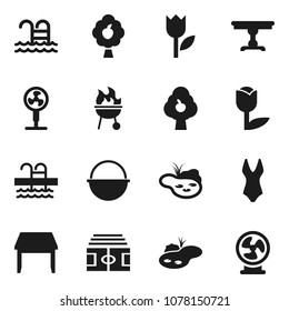 Flat vector icon set - camping cauldron vector, bbq, stadium, swimsuite, pool, tulip, pond, fruit tree, table, fan