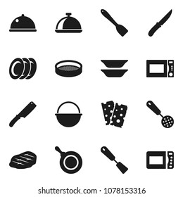 Flat vector icon set - camping cauldron vector, pan, skimmer, spatula, knife, microwave oven, plates, sieve, dish, steak, breads