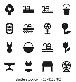 Flat vector icon set - camping cauldron vector, swimsuite, pool, stadium, tulip, fruit tree, table, fan