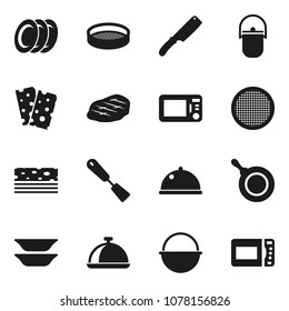 Flat vector icon set - camping cauldron vector, pan, spatula, knife, plates, sieve, dish, steak, breads, microwave oven