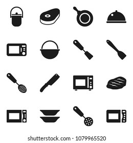 Flat vector icon set - camping cauldron vector, pan, skimmer, spatula, knife, microwave oven, plates, dish, steak