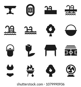 Flat vector icon set - camping cauldron vector, bbq, stadium, swimsuite, pool, tulip, fruit tree, table, fan