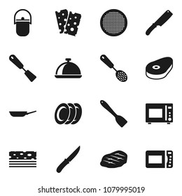 Flat vector icon set - camping cauldron vector, pan, skimmer, spatula, knife, microwave oven, plates, sieve, dish, steak, breads