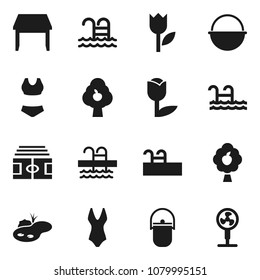Flat vector icon set - camping cauldron vector, stadium, swimsuite, pool, tulip, pond, fruit tree, table, fan