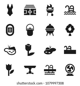 Flat vector icon set - camping cauldron vector, bbq, stadium, swimsuit, pool, tulip, pond, fruit tree, table, fan