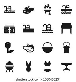Flat vector icon set - camping cauldron vector, bbq, stadium, swimsuit, pool, tulip, pond, table