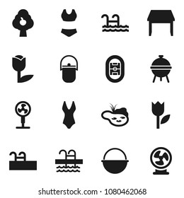 Flat vector icon set - camping cauldron vector, bbq, swimsuit, pool, stadium, tulip, pond, fruit tree, table, fan