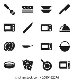 Flat vector icon set - camping cauldron vector, pan, skimmer, knife, microwave oven, plates, sieve, dish, breads