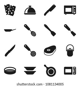 Flat vector icon set - camping cauldron vector, pan, skimmer, spatula, knife, microwave oven, plates, sieve, dish, steak, breads