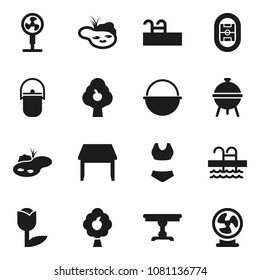 Flat vector icon set - camping cauldron vector, bbq, swimsuite, pool, stadium, tulip, pond, fruit tree, table, fan