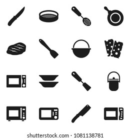 Flat vector icon set - camping cauldron vector, pan, skimmer, spatula, knife, microwave oven, plates, sieve, steak, breads