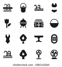 Flat vector icon set - camping cauldron vector, bbq, stadium, swimsuite, pool, tulip, fruit tree, table, fan
