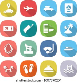 flat vector icon set - car pointer vector, plane, baggage, passport, ticket, suitcase, hotel, island, hawaiian wreath, aquapark, diving mask, yacht, palm hammock, flip flops, service bell, pool