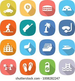 flat vector icon set - car pointer vector, dollar pin, airport building, dome house, tourist, suitcase, palm, diving mask, hotel, golf, cruise ship, yacht, hammock, flip flops, do not distrub, pool