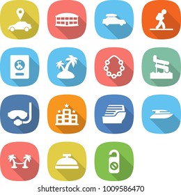 flat vector icon set - car pointer vector, airport building, baggage, tourist, passport, island, hawaiian wreath, aquapark, diving mask, hotel, cruise ship, yacht, palm hammock, service bell