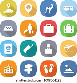 flat vector icon set - car pointer vector, dollar pin, greate wall, bus, taxi, passenger, suitcase, passport, baggage, departure, hotel, signpost, flip flops, landscape