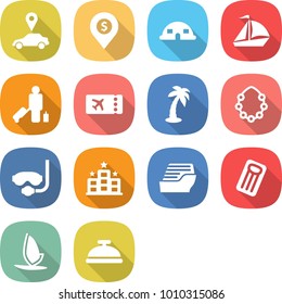 flat vector icon set - car pointer vector, dollar pin, dome house, sail boat, passenger, ticket, palm, hawaiian wreath, diving mask, hotel, cruise ship, inflatable mattress, windsurfing