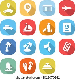 flat vector icon set - car pointer vector, dollar pin, airport building, plane, baggage, sail boat, passenger, passport, palm, island, golf, inflatable mattress, windsurfing, flip flops